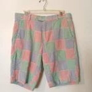 Brooks Brothers Mens Patchwork Seersucker Shorts Red Blue Green Stripe W33